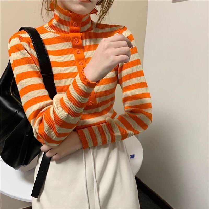 橘色条纹打底衫女秋冬韩版洋气桔毛针织衫