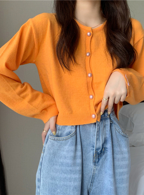 秋季韩国chic多巴胺橘色长袖开衫橙色短款小个子上女生衣毛衣小衫
