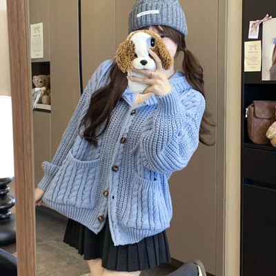 秋冬新款韩系chic慵懒风甜妹可爱连帽针织上衣女宽松显瘦毛衣外套