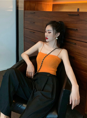 韩版chic亮色橙色橘色修身显瘦弹力简约平口小背心吊带打底衫上衣