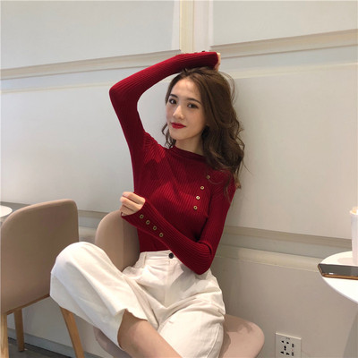 韩版ins暗红色修身显瘦打底衫