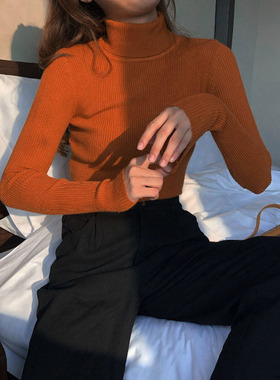 韩国风ins复古橙色橘色纯色基础款百搭高领针织打底衫上衣女秋冬