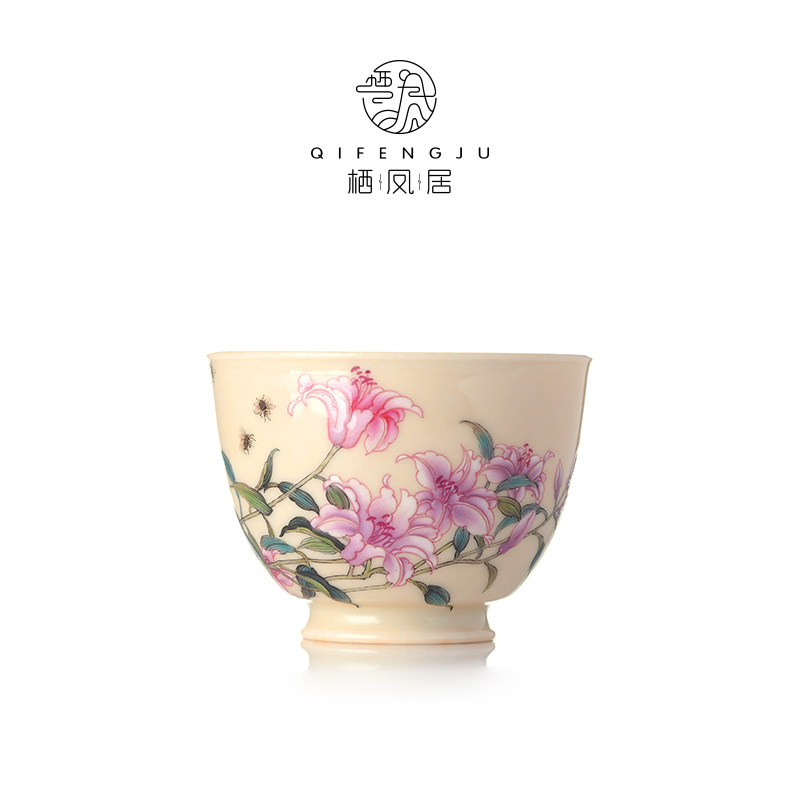 栖凤居手绘粉彩百合花品茗杯80ml陶瓷喝茶用主人杯中式小茶杯单杯,餐饮具,茶杯,淘宝优惠券,粉丝福利购,淘宝优惠卷