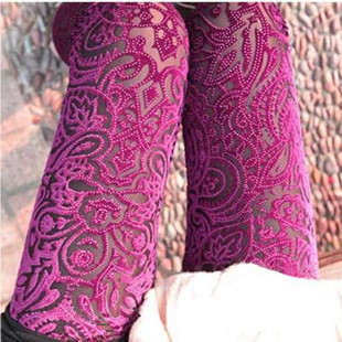 镂空假透肉蕾丝彩色显瘦高腰外穿女薄款 春款 韩国金丝绒印花打底裤