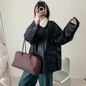 2024年冬韩版羊羔毛翻领单排扣PU皮衣羽绒服女中长款白鸭绒外套