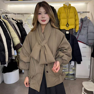 欧洲站韩系白鸭绒羽绒服女中长款冬收腰加厚保暖外套配围巾两件套