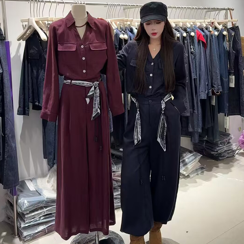 2025秋新款翻领长袖衬衫阔腿裤女两件套亚麻显瘦时尚套装mishejia