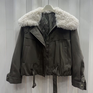 复古大毛领派克服女短款 军绿色羊羔毛拼接棉衣棉服外套百搭伊凡娜