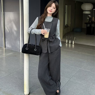 三件套女2025韩系早秋穿搭轻熟套装 高级感长袖 针织打底马甲阔腿裤