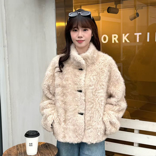 欧洲站气质仿水貂羊羔毛外套女冬短款皮毛一体保暖毛绒大衣高级感