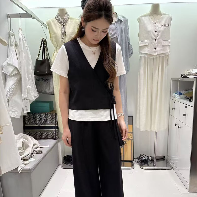 2026夏新款时尚套装女天丝亚麻短袖T恤马甲阔腿裤三件套显瘦气质