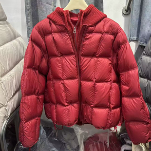 伊凡娜针织连帽泡芙羽绒服女红色假两件宽松保暖加厚白鸭绒短外套