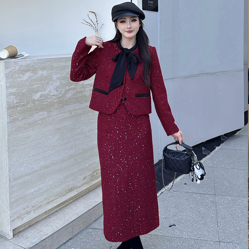 小香风毛呢套装女2025秋冬新款名媛蝴蝶结外套半身裙子两件套轻奢