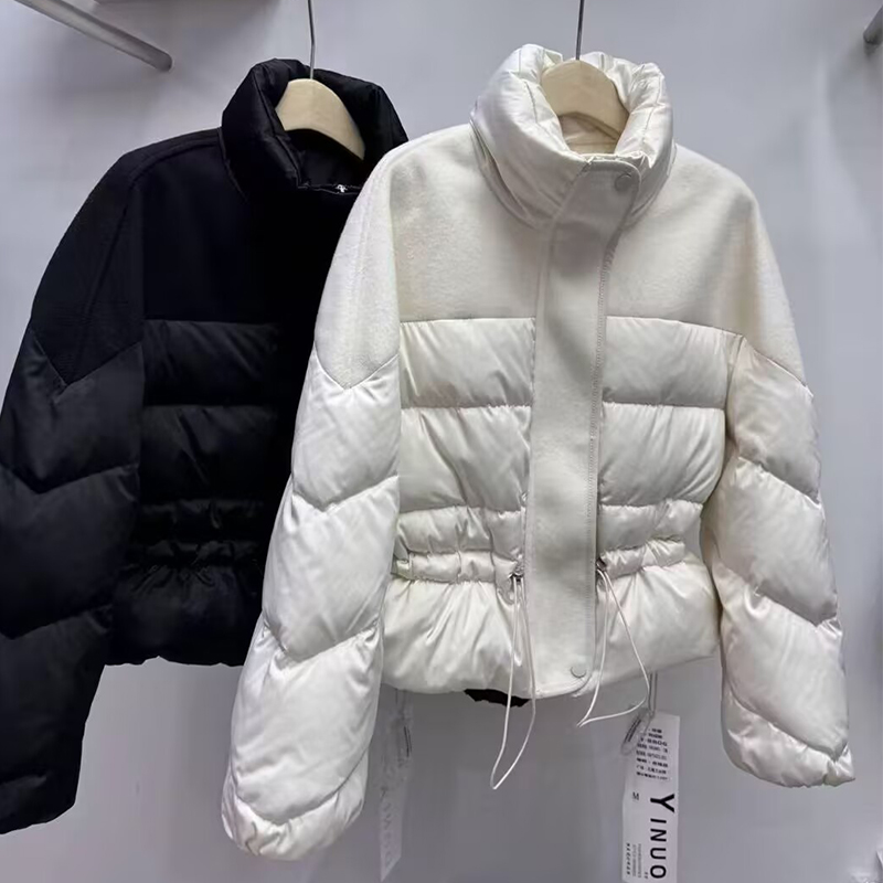 毛呢拼接短款收腰保暖外套羽绒服