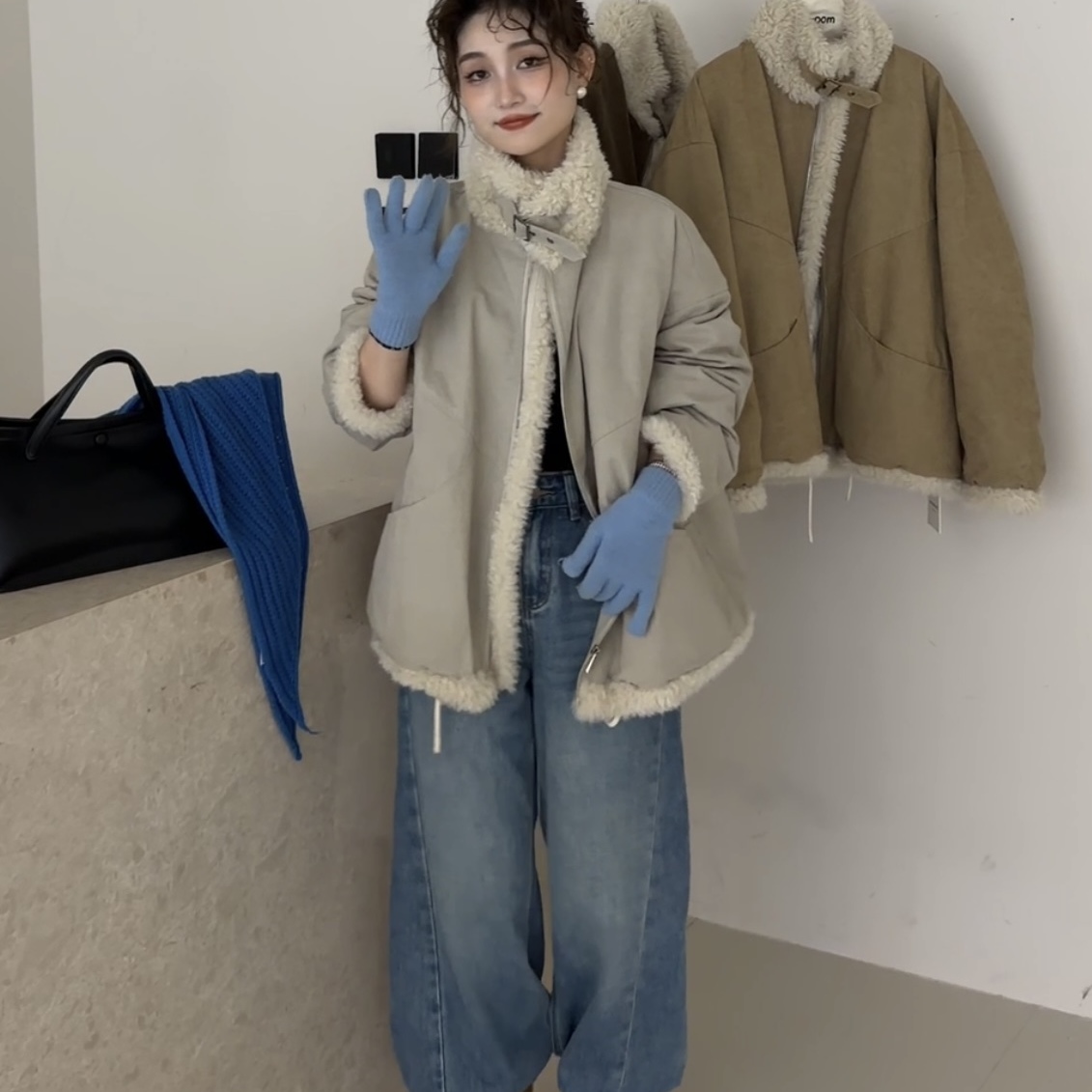 韩系立领皮毛一体加厚保暖大衣
