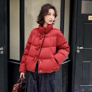 印象秋水立领短款红色羽绒服女2025冬新款加厚保暖减龄面包服外套