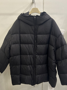 原创1688黑色连帽中长款羽绒服女宽松茧型泡芙面包服外套952