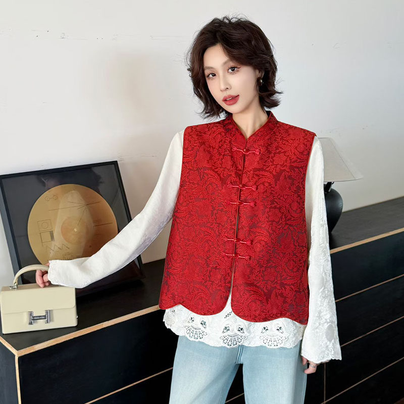2026年拜年新中式国风提花红色马甲女立领盘扣百搭高级感马夹外套,女装/女士精品,马夹,淘宝优惠券,粉丝福利购,淘宝优惠卷
