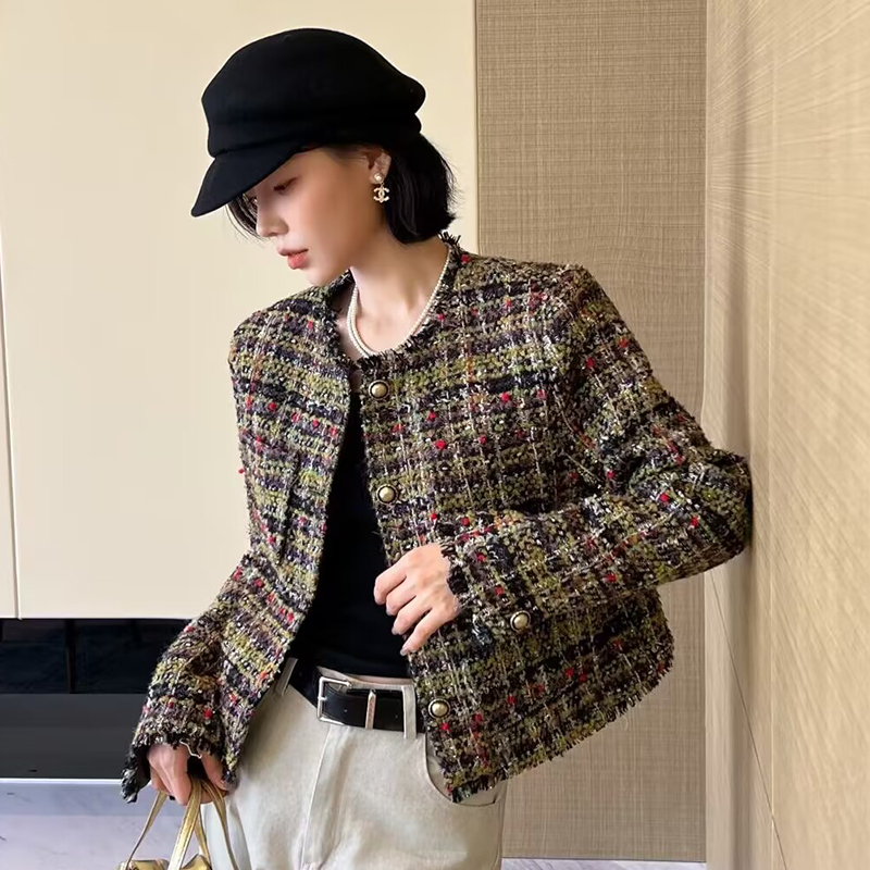 小香风粗花呢短外套女圆领蔓绱