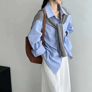女宽松蓝色气质衬衣百搭叠穿 衬衫 谷斯2026年春季 韩系慵懒风灯笼袖