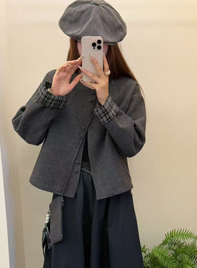 SXM2025秋新款时尚圆领单排扣格子拼接羊毛呢短长袖外套女配包包