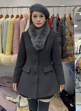 米米老钱风毛领收腰毛呢外套女中长款气质高级感名媛大衣25186