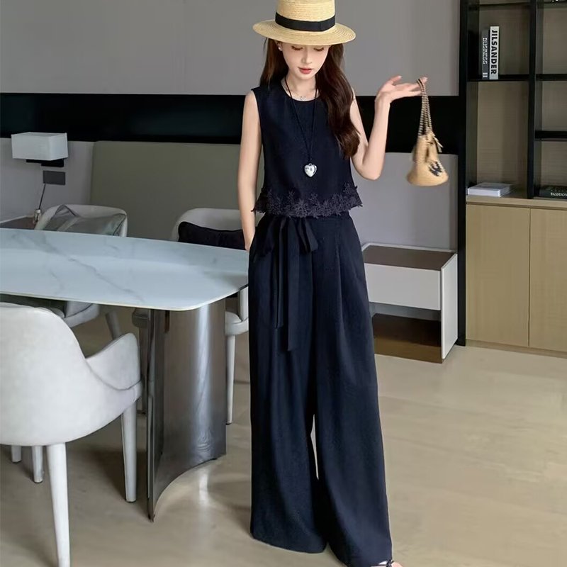 蕾丝拼接背心上衣阔腿裤女2025夏季气质配长裤无袖棉麻套装和麥熙