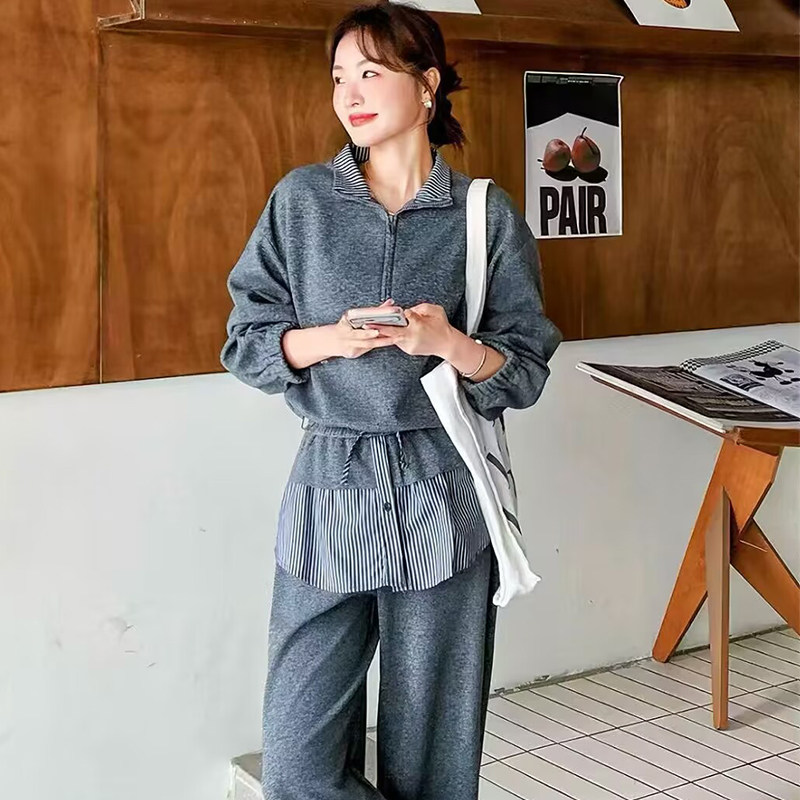 四季青慵懒风灰色套装女春季新款休闲上衣阔腿裤两件套松弛感穿搭