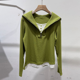 拉链拼接上衣洋气 巨好看 气质海军领假两件卫衣女款 2026春天新款