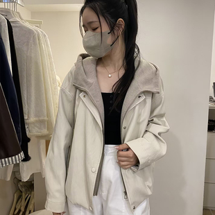 2602韩范假两件连帽PU皮衣女宽松撞色休闲长袖 短外套减龄夹克上衣