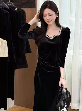 非凡2613优雅风黑色丝绒连衣裙女长裙钉珠收腰显瘦年会裙子高级感