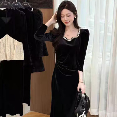 非凡2613优雅风黑色丝绒连衣裙