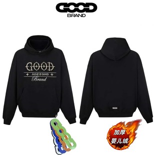 GOODBRAND 秋冬加绒加厚十字珍珠标语连帽卫衣轻奢good外套男女款