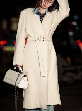 MILIXU时尚通勤V领气质米白色长款大衣配腰带MEK4B1054591