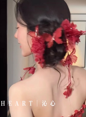 TM｜“霜叶红碟”手作新娘红色敬酒服礼服搭配头饰（一对