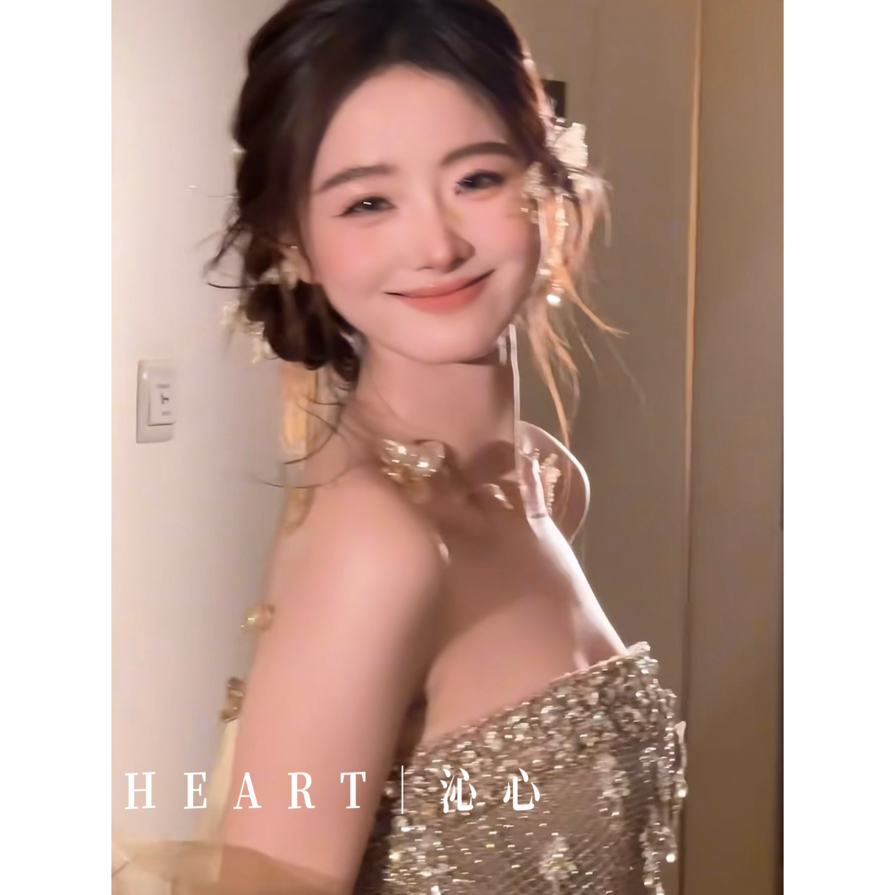 TM｜手作香槟金碎钻新娘羽毛（项链+耳夹