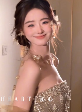 TM｜手作香槟金碎钻新娘羽毛（项链+耳夹