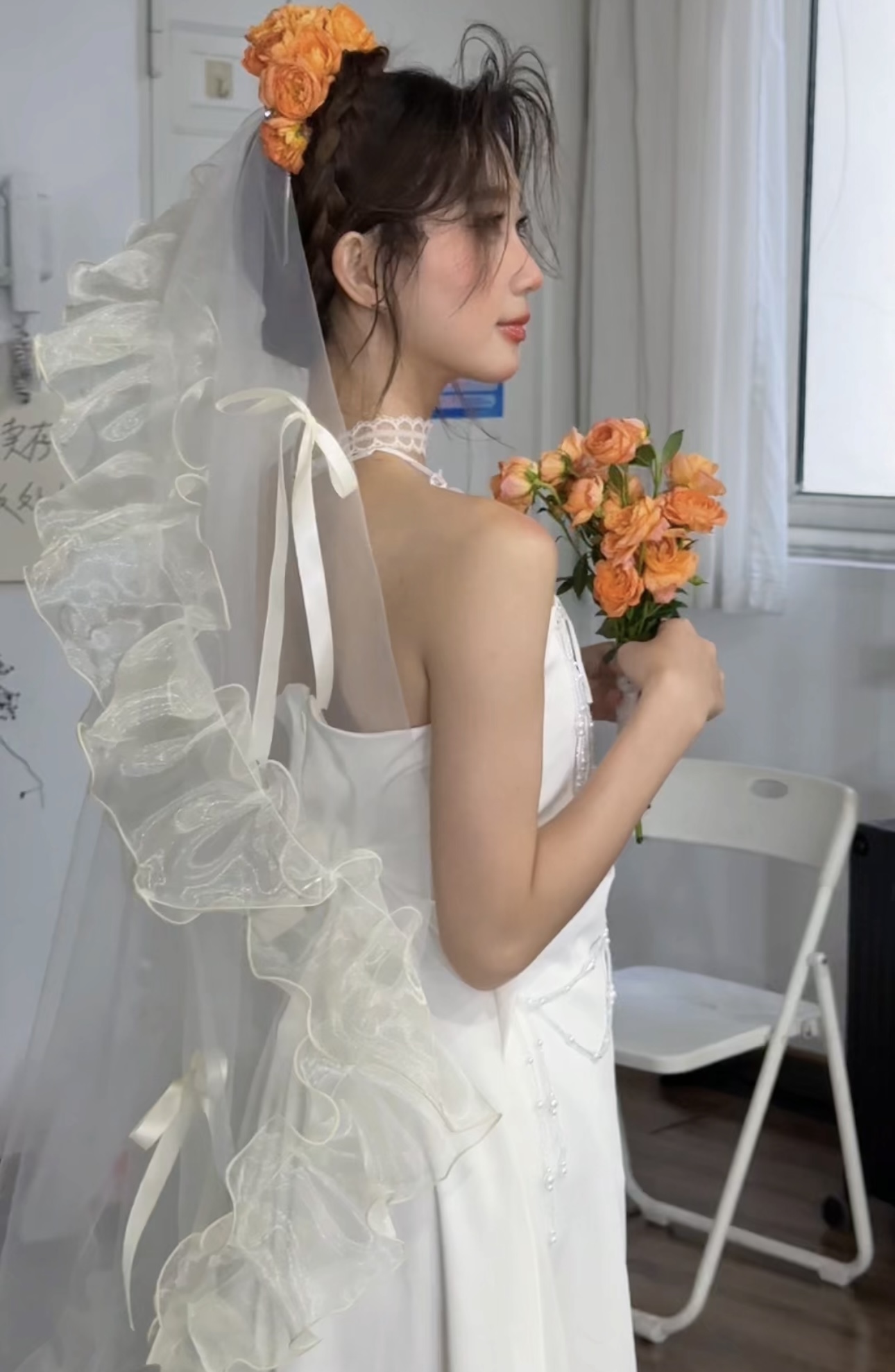 T M|TS1流光高透花边蝴蝶结大头纱