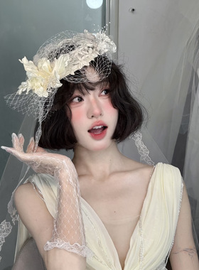 TM｜手作复古花朵奶油法式网纱帽新娘礼服搭配