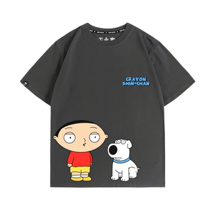 蜡笔小新恶搞之家联动饺子卡通夏纯棉短袖T恤上衣服美式穿搭男装