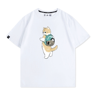 可爱日系猫咪卡通Q版夏季款短袖男装纯棉上衣潮牌联名宽袖休闲T恤