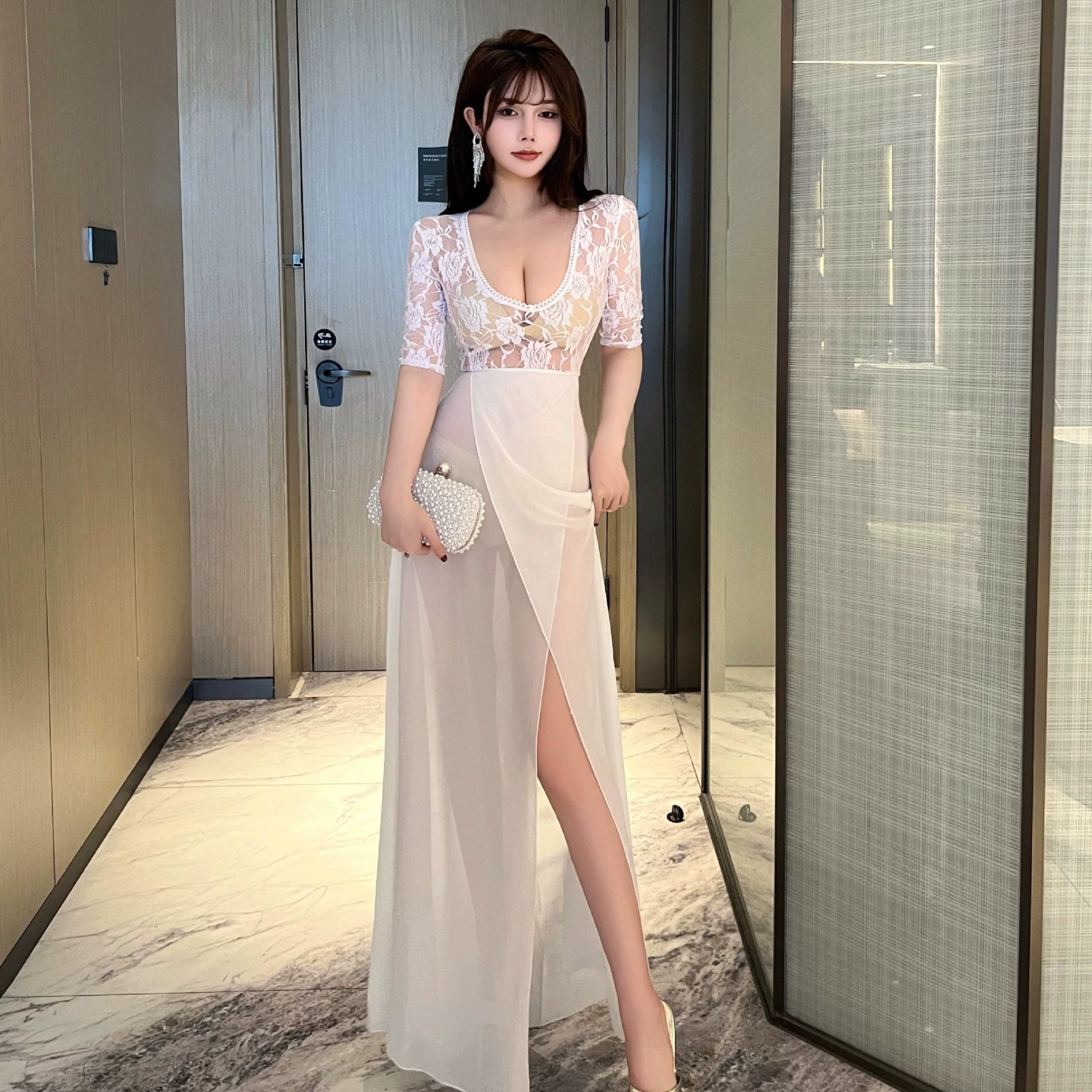 夜店透视晚礼服低胸性感连衣裙女新款夜总店桑拿技师长裙夜场工衣