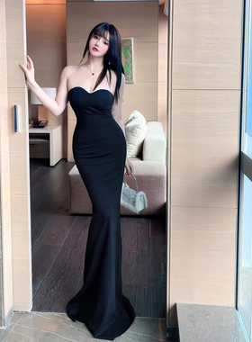 夜场女装高级感V领黑色晚礼服修身包臀气质性感夜总会连衣裙长裙