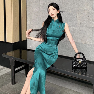 孔雀蓝新中式复古改良旗袍印花连衣裙女无袖修身显白气质优雅长裙