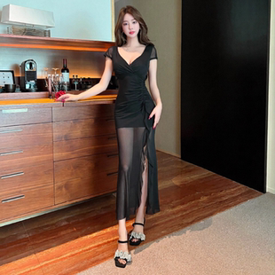 性感连衣裙女新款夜总店足疗SPA柔式技师工作服气质显瘦桑拿长裙