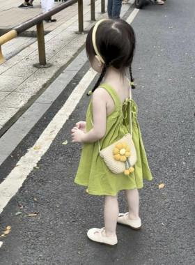 韩系女童连衣裙夏季洋气儿童时髦棉背心裙女宝宝小清新绿色裙子