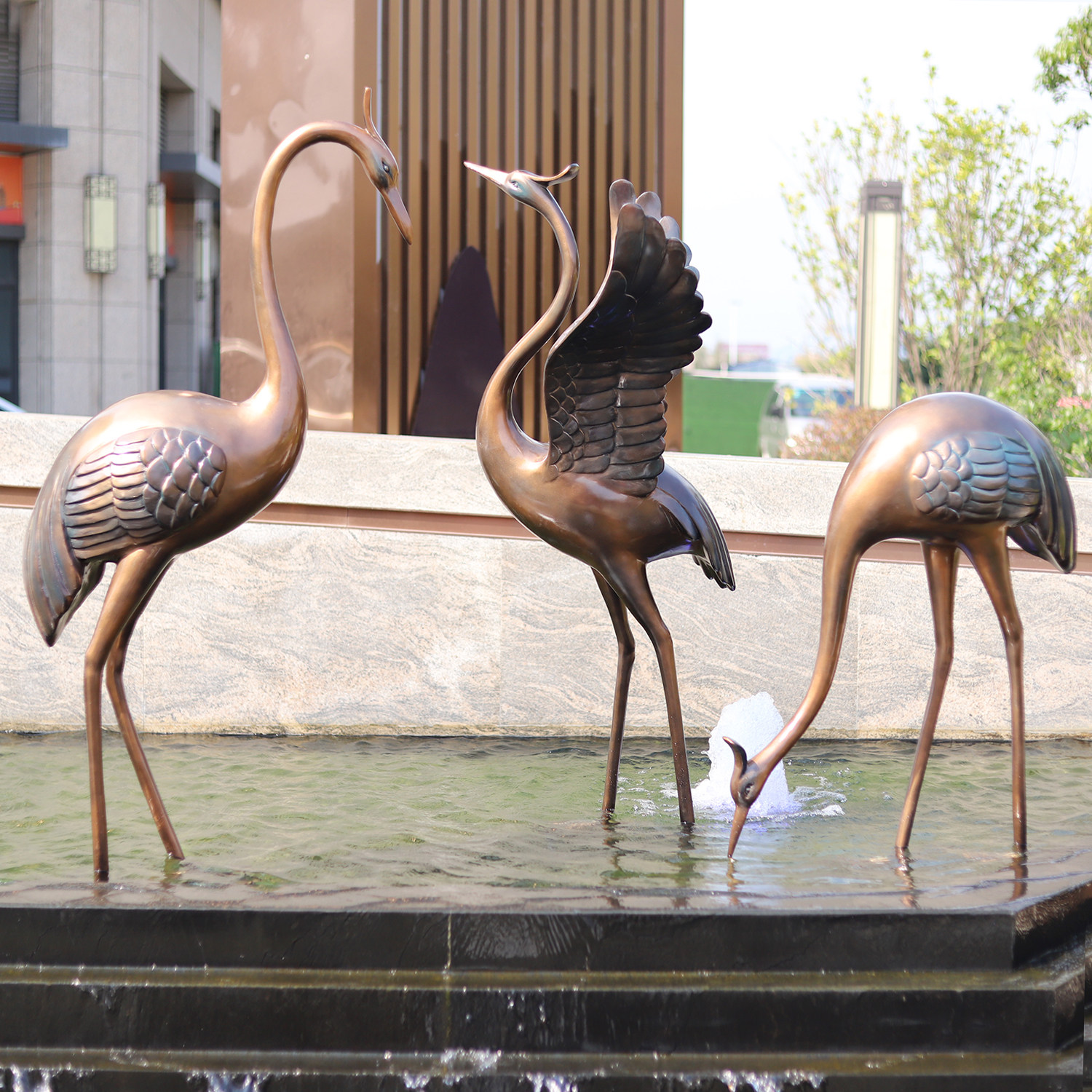 仿铜仙鹤雕塑玻璃钢摆件售楼部庭院水池假山园林景观美陈鸟类装饰