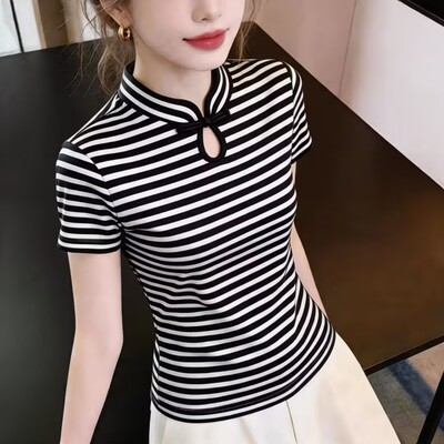 改良旗袍领条纹显瘦短袖T恤女