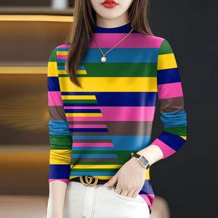 断码2025秋冬新款T恤打底衫上衣时尚条纹遮肚外穿女士半高领长袖