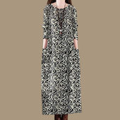 连衣裙女春秋季 清仓纯棉 高档印花口袋长袖 复古气质宽松圆领裙子